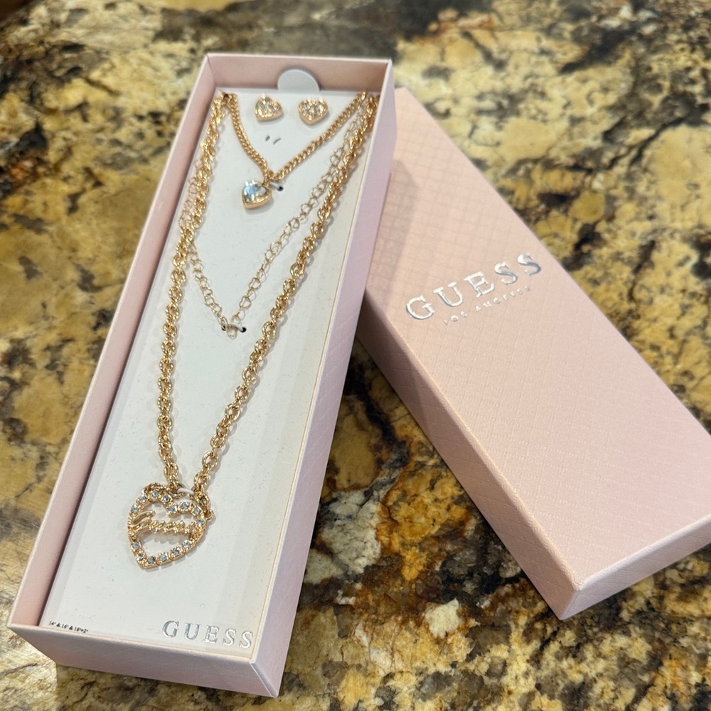 GUESS Gold Layered Heart Necklace Set with Crystal Accents